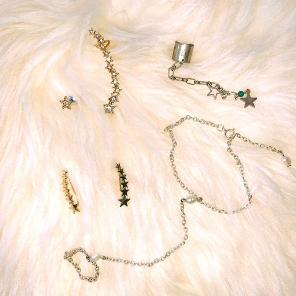 Star Pearl Gold Earring Ear Cuff Rhinestone Eternity Bracelet Ring Chain BUNDLE